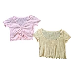 PacCares Peach Cinched Crop Top & Yellow Lettuce Edge Crop Top, Small, PacSun